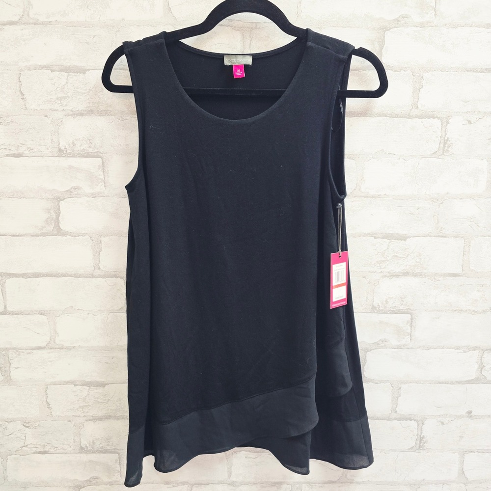 NWT Vince Camuto Womens Sleeveless Layered Chiffon Hem Top Rich Black XS